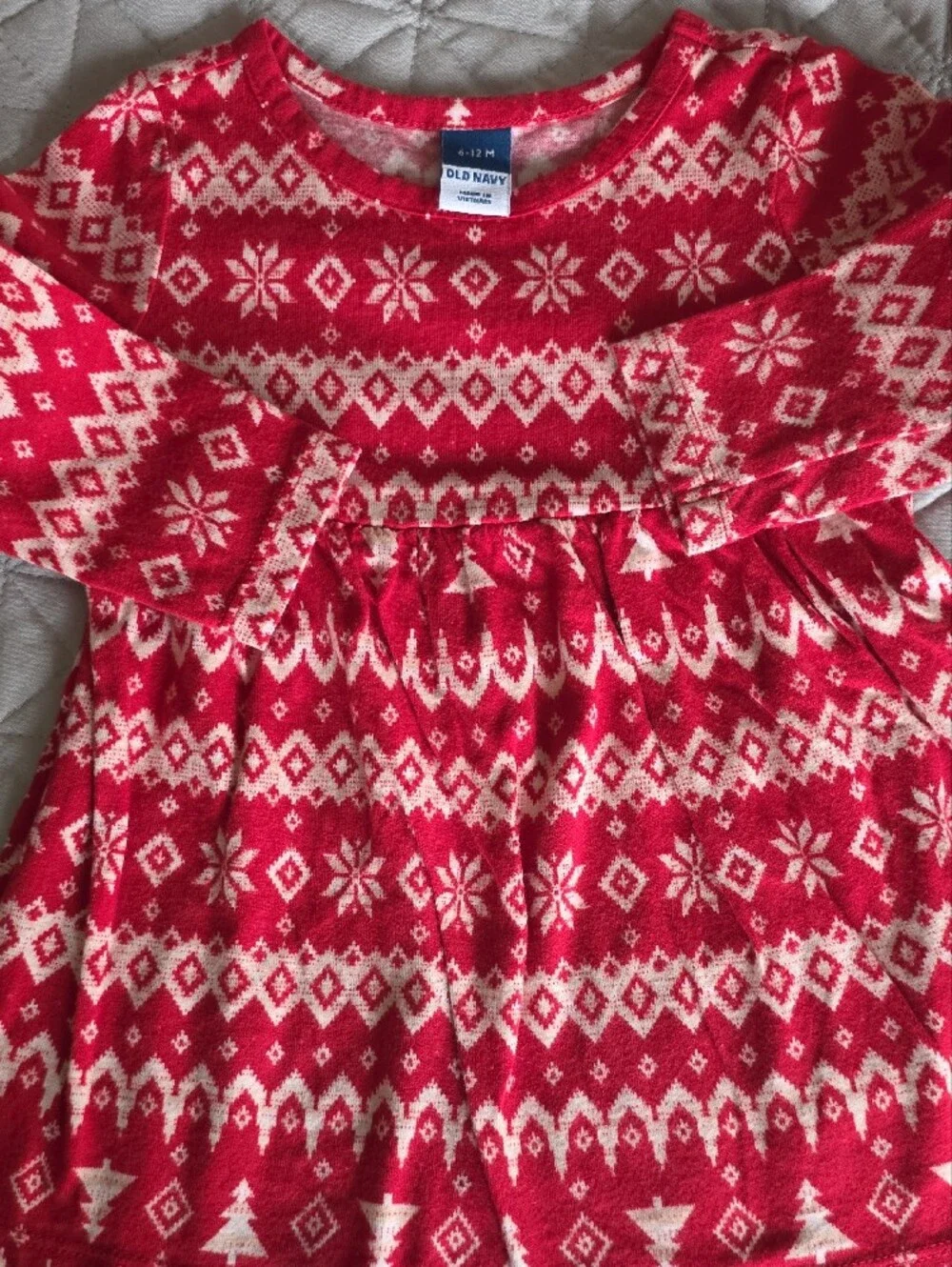 Old Navy Red and Cream Fair Isle Knit Dress with Tree Motif